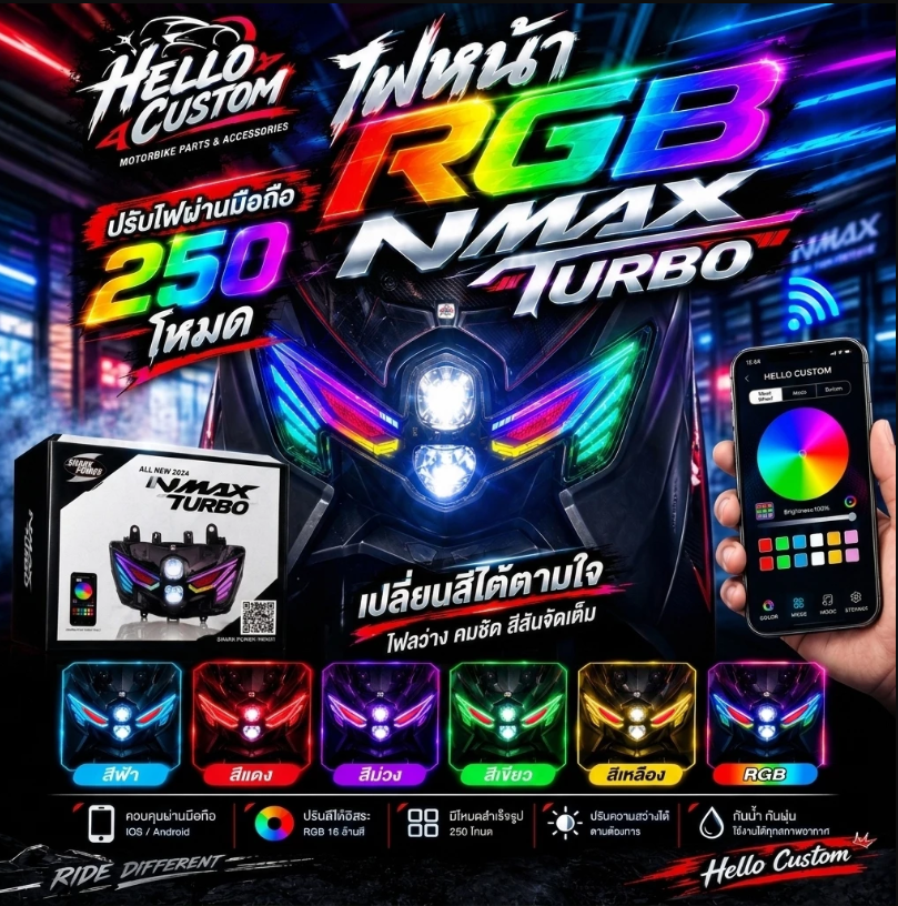 Shark Power RGB LED Headlight for Nmax155 (Standard/Tech models, 2025-On) features 250 adjustable modes.